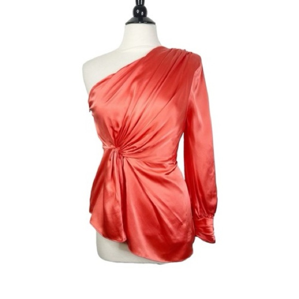 Cinq à Sept Stace One Shoulder Silk Top Neon Coral Twist Blouse Size L NWT $395